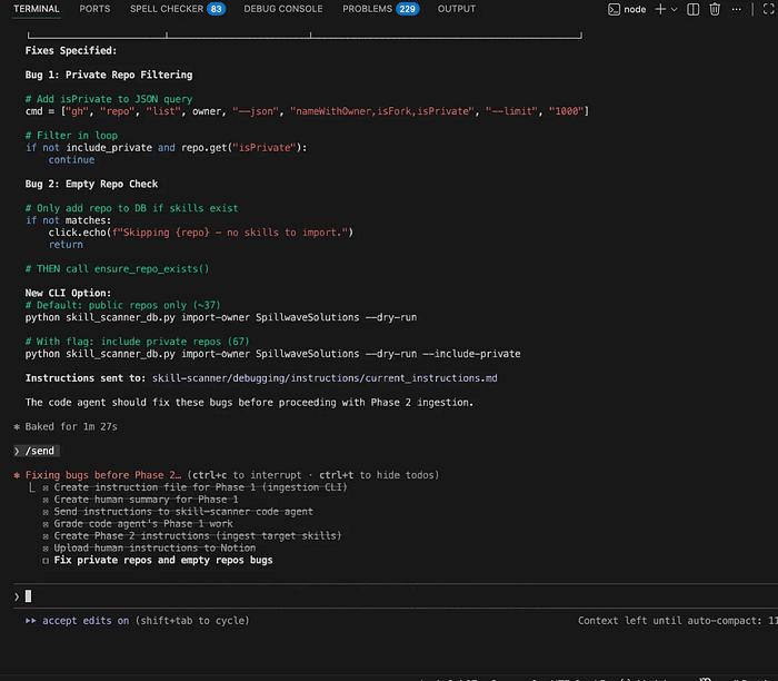 Detailed bug fix instructions showing exact code for private repo filtering using isPrivate flag and empty repo check before database insertion