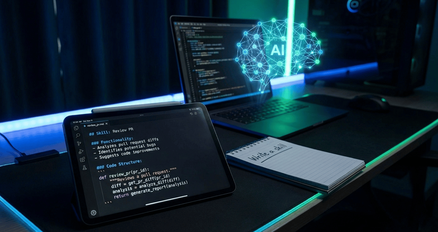 A developer's tablet displaying a skill file for PR review using AI brain glowing on a laptop in the background: the moment repetitive prompting ends