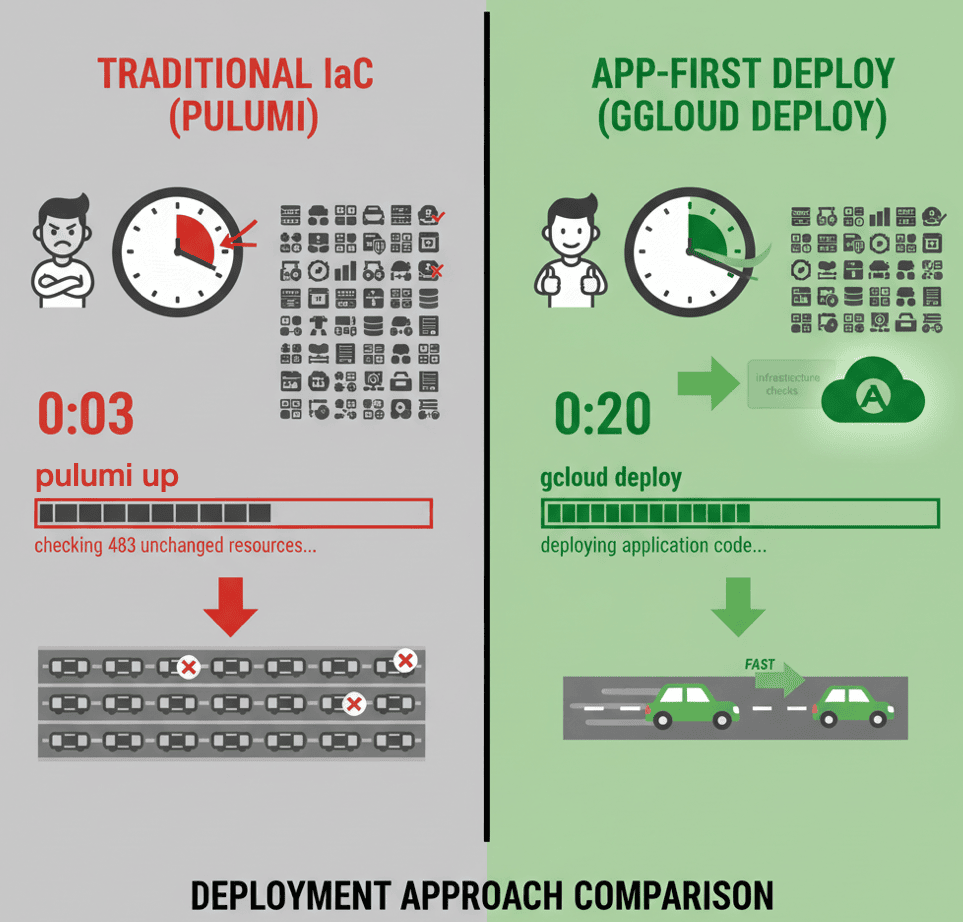 Fustrated developer waiting 3 minutes while pulumi checks hundreds of unchanged gray resources versus right side with happy developer deploying in 20 seconds using express lane gcloud deploy bypassing infrastructure checks with green fast-forward arrow