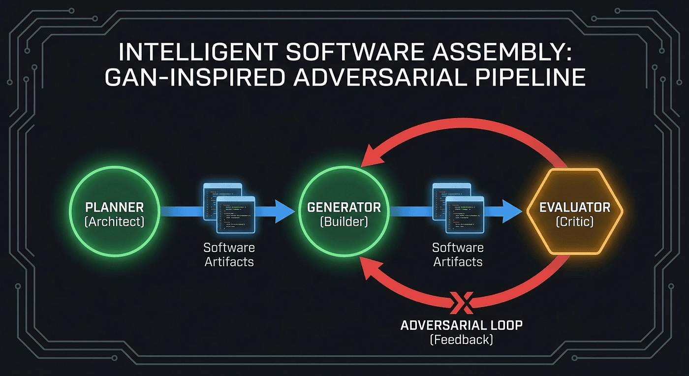 Anthropic's Planner, Generator, and Evaluator agent harness nodes connected by feedback arrows in a GAN-inspired multi-agent architecture pipeline