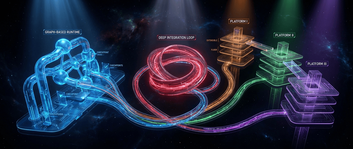 Conceptual cover image showing five AI agent framework architectures arranged across three categories: graph-based runtime, deep integration loop, and extensible platforms