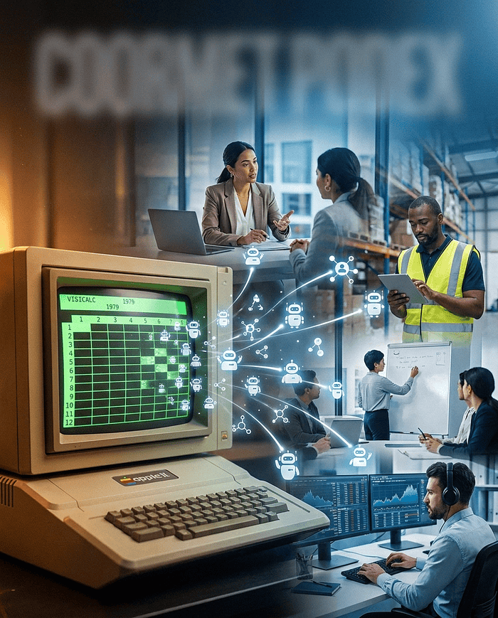 Cover image: a VisiCalc spreadsheet grid morphing into a fleet of AI agents reaching diverse knowledge workers across sales, marketing, warehouse, and finance