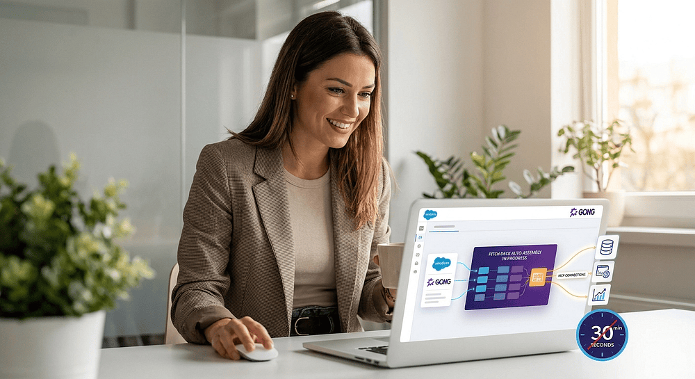 A salesperson using a custom MCP-connected web app on a laptop that pulls from Salesforce and Gong to auto-generate pitch decks in seconds rather than thirty minutes