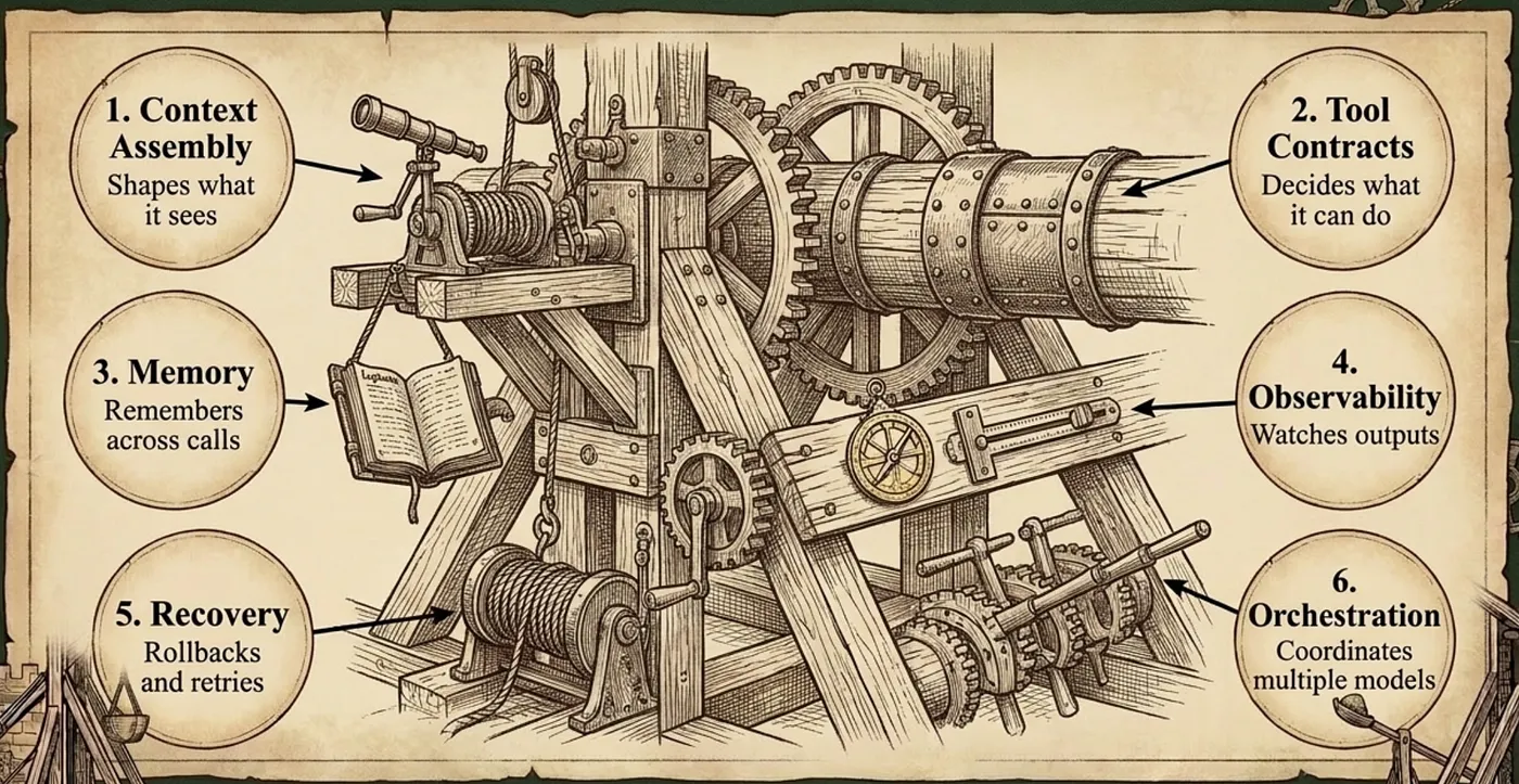 Harness does six things the model cannot do on its own